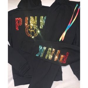 Rare Victoria's Secret PINK Rainbow Sequin Zip Hoodie and Matching Joggers sz L